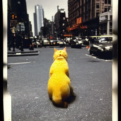 Image similar to wide-shot low-angle cat's eyesight photo of banana at the street in New York, polaroid photo, by Andy Warhol, signed