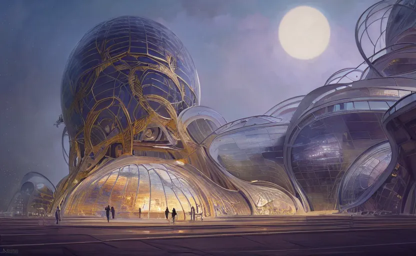 Image similar to exterior shot of utopian architecture transparent building with cinematic lighting by zaha hadid and renzo piano, darek zabrocki and greg ruthkowski, alphonse mucha, simon stalenhag, cinematic, stars, beautiful, holy place, paradise, scifi, futurism, atmospheric, concept art, artstation, trending on artstation