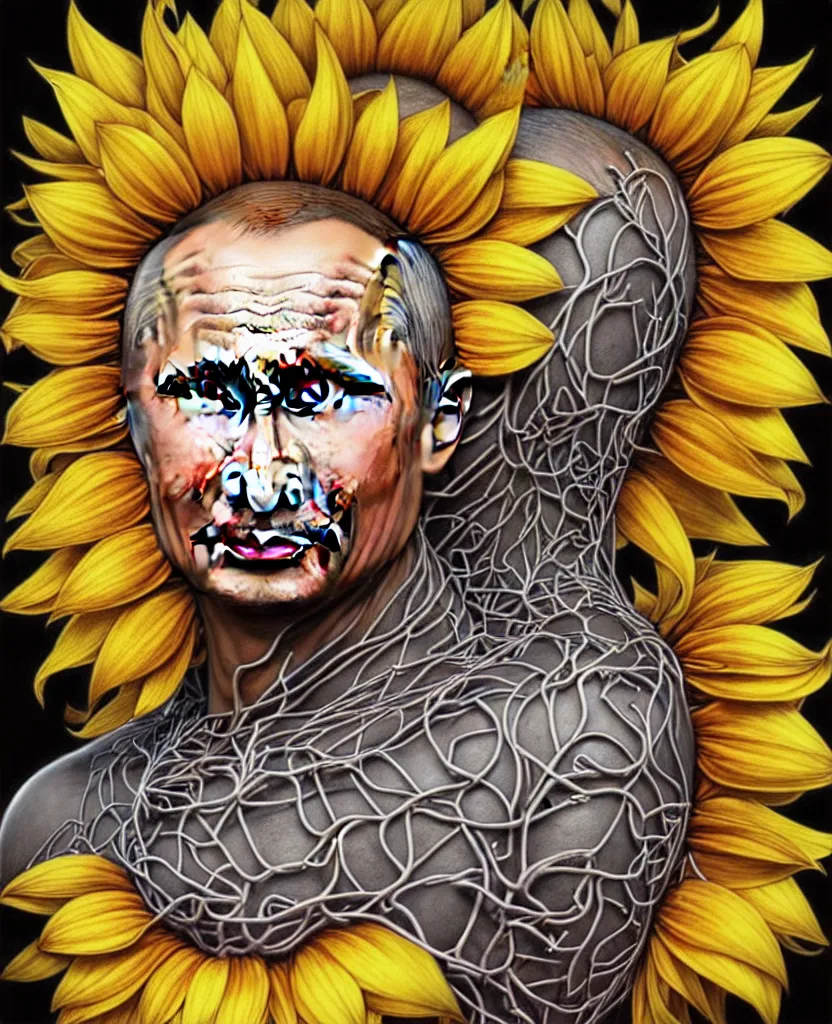 Image similar to digital art, centered full body of Putin smiling king, Sunflower crown, ,intricate, veins, by James Jean and by artgerm , by ross tran ultradetailed, charachter design, concept art, trending on artstation,