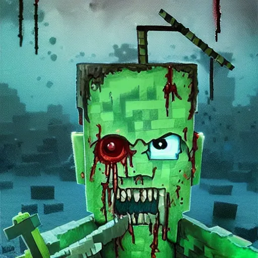 Image similar to painting by greg rutkowski of a minecraft drowned zombie with glowing cyan eyes, wearing ragged clothing and and algae growing on it, holding a trident, underwater