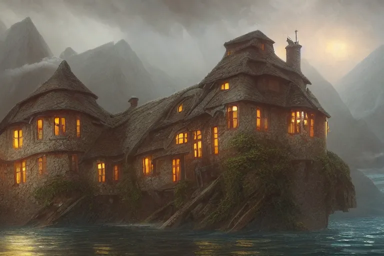 Prompt: submerged underwater!!!! on the ocean floor, a typical european house with a slate roof, school of fishes, scenic view, matte painting by christophe vacher and hubert robert, trending on artstation