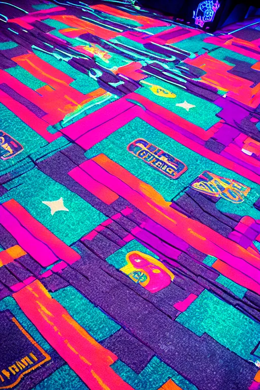 Image similar to “cinestill blacklight roller rink arcade carpet”