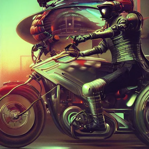 Image similar to extremely detailed realistic render of a cyberpunk samurai riding a motorcycle by James Jean, carig mullins and Syd mead perspective shot ArtStation, CGSociety