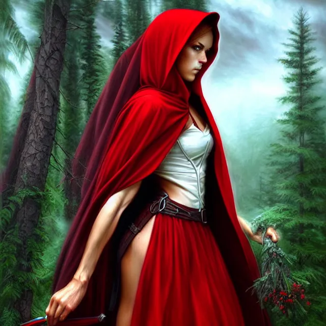 Image similar to beautiful!! red riding hood warrior artgerm anne stokes highly detailed 8 k hdr smooth sharp focus high resolution award - winning photo photorealistic