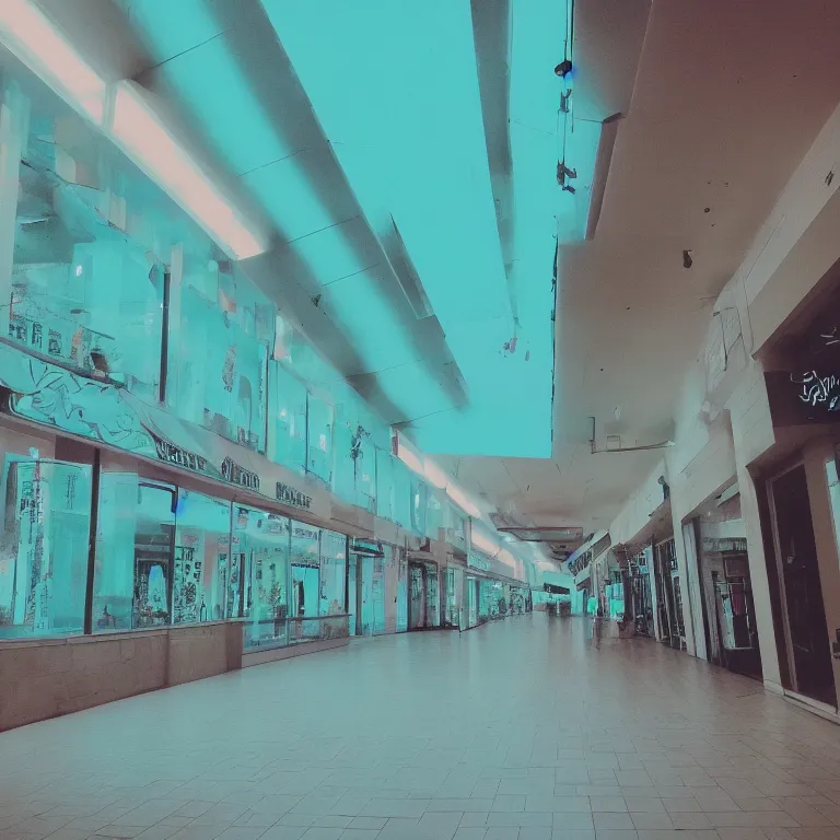 Image similar to shopping mall for dead people, film photo, soft lighting album cover, nostalgia, turquoise gradient