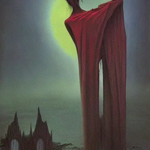 Prompt: Beautiful fantasy art of a vampire by Zdzisław Beksiński, atmospheric, vibrant colors, ambient lighting, intricate detail
