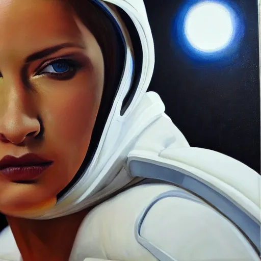 Image similar to fashion model in futuristic astronaut suit, portrait, hyperrealism oil painting