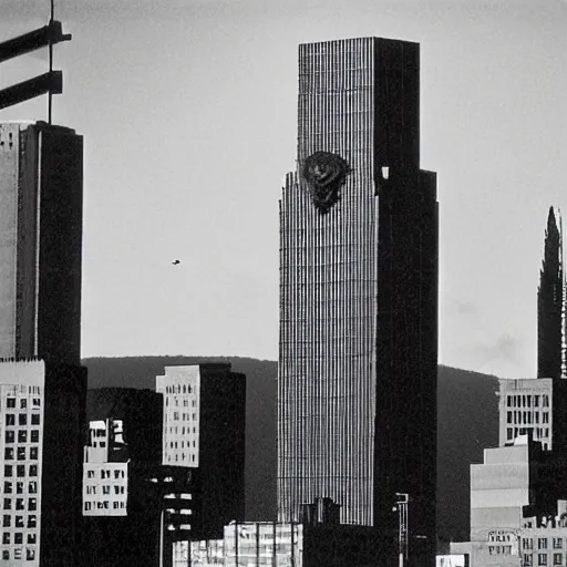 Image similar to albany skyline, godzilla attacking the corning tower, old movie