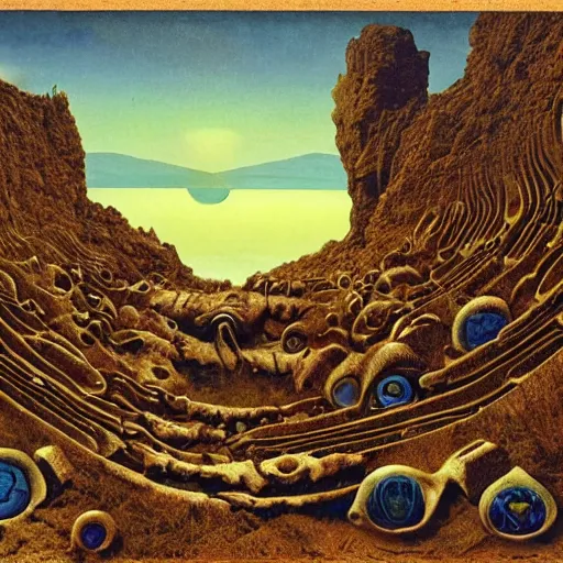 Prompt: paper collage of a fossils in a landscape, ornaments, beksinski