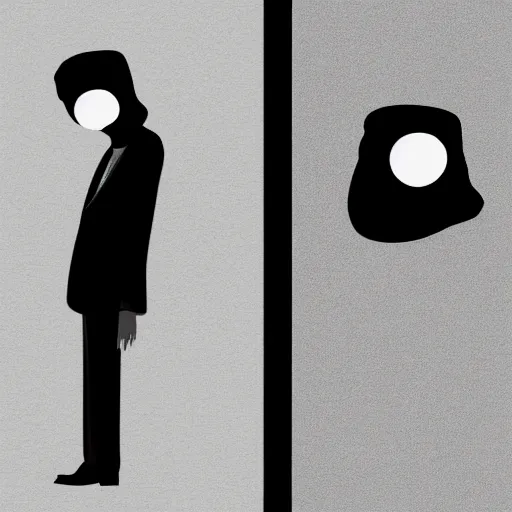 Image similar to abstract black and grey scale, full black suit man with no face and shadows with red eye and darkness and power