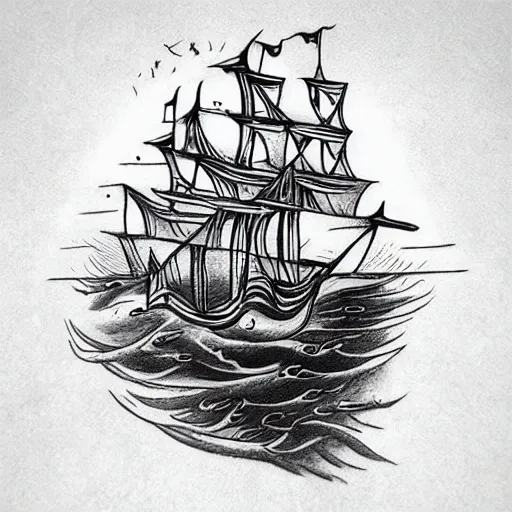 Image similar to a pirate ship sailing in the sea, realism tattoo design, white paper background, by Matteo Pasqualin tattoo artist