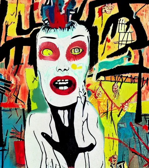 Prompt: acrylic painting of a bizarre nightmare woman in front of an tree in tokyo, mixed media collage by basquiat and jackson pollock, maximalist magazine collage art, retro psychedelic illustration, 1 9 2 0 s