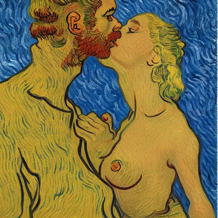 Image similar to one olive - skinned man and one woman kissing, painting by van gogh