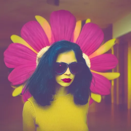 Image similar to giant flower head, frontal, girl standing in mid century hotel, surreal, symmetry, bright colors, cinematic, wes anderson