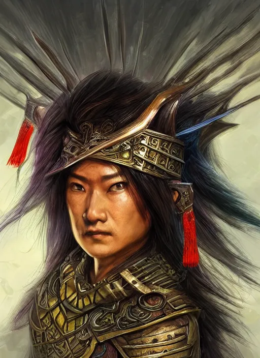 Prompt: chinese warrior hair curtains, looking down, dndbeyond, bright, colourful, realistic, dnd character portrait, full body, pathfinder, pinterest, art by ralph horsley, dnd, rpg, lotr game design fanart by concept art, behance hd, artstation, deviantart, hdr render in unreal engine 5