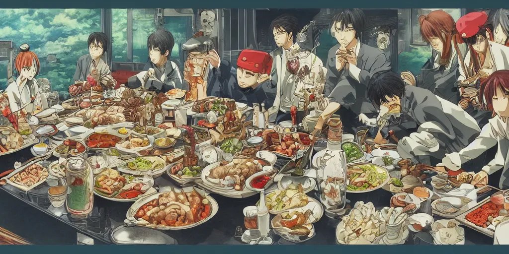 Prompt: A feast for the Yakuza, very detailed, anime, Delicious, Plump, Juicy, Hot Food, large white border, hd, high resolution print :1 by Hayao Miyazaki, Nausicaa, studio Ghibli style, Anime wallpaper, cell shading, trending on deviant art :1