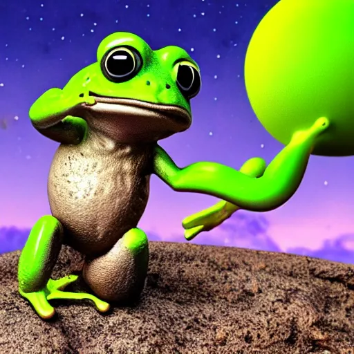 Image similar to a photo of a frog with muscles standing on two feet and lifting planet earth on its hands