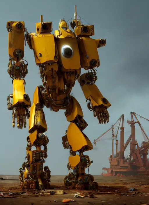 Image similar to a rusty old yellow colored big humanoid mech robot is helping out workers at chittagong ship breaking yard, matte painting, 8 k, artstation, octane, low camera angle, cinematic composition