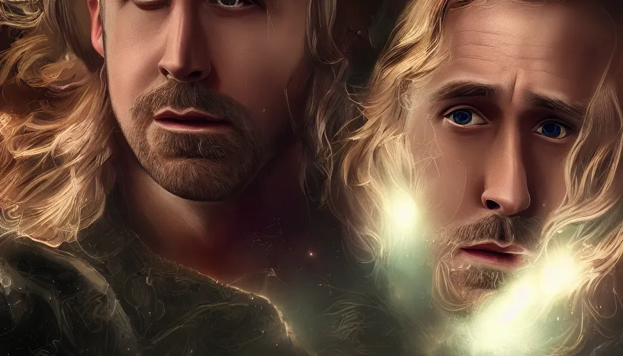 Image similar to Ryan Gosling as wizard, hyperdetailed, artstation, cgsociety, 8k