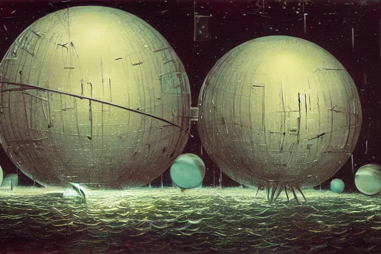 Image similar to river boats speeding between spherical tree houses on flooded streets of new york painting by h. r. giger and paul lehr