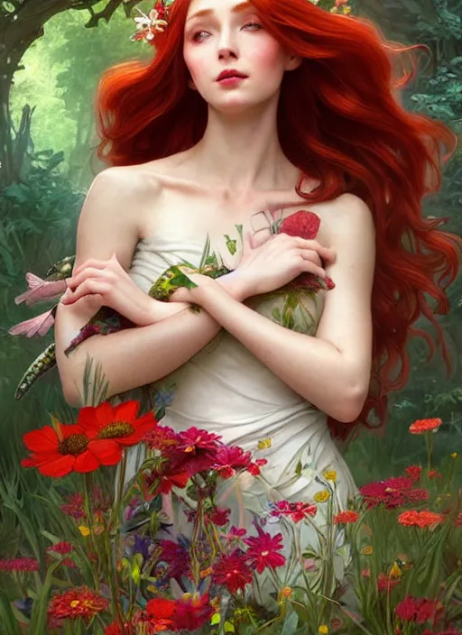 Image similar to a beautiful red haired woman as a fairy princess in a garden holding a bunch of wild flowers, deep focus, d & d, fantasy, intricate, elegant, highly detailed, digital painting, artstation, concept art, matte, sharp focus, illustration, hearthstone, art by artgerm and greg rutkowski and alphonse mucha