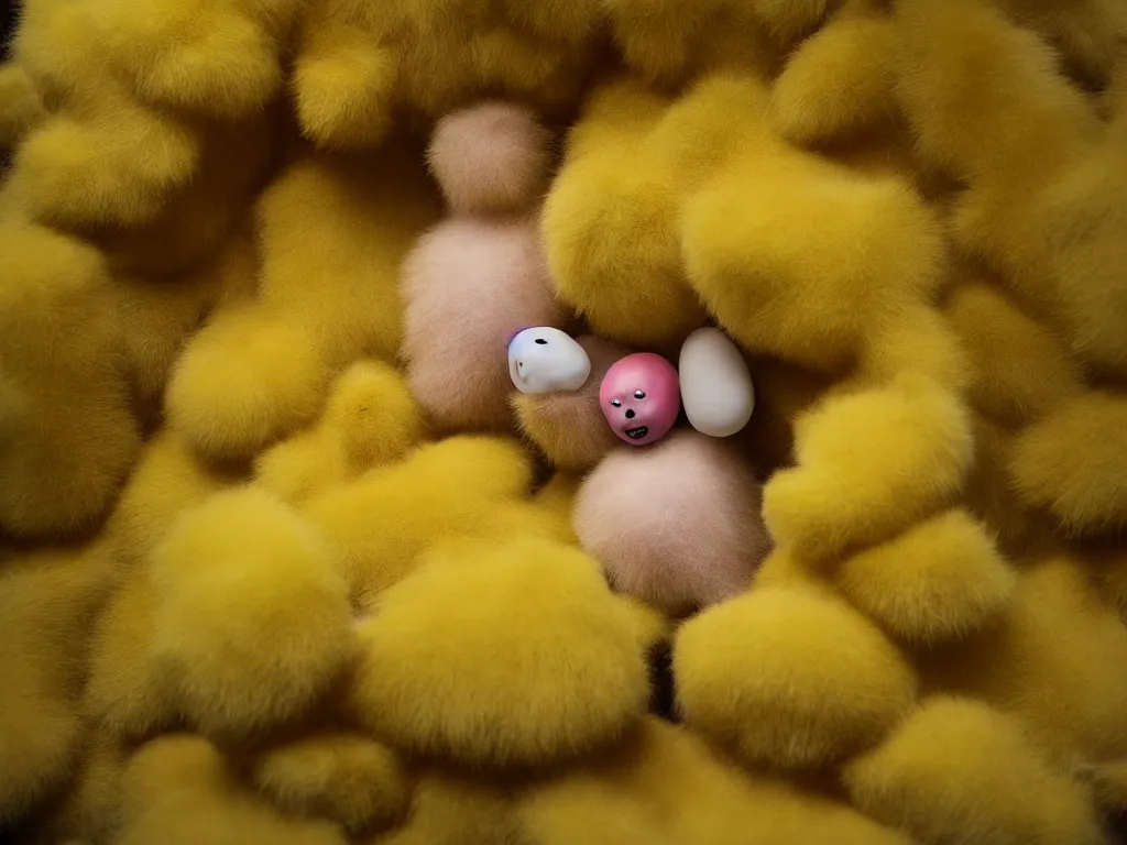 Prompt: a fur covered jelly bean shape, dirty grungy stuffed animal, style of paul mccarthy and mike kelley, yellow - tan color