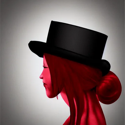 Prompt: highly detailed, cute and mystery teenage girl in a tall black top hat with red strip, profile face, digital art, gray scale