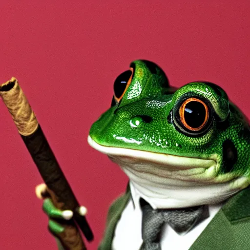 Prompt: a high detail closeup shot of a frog wearing a suit 👔,and smoking a cigarrette🚬