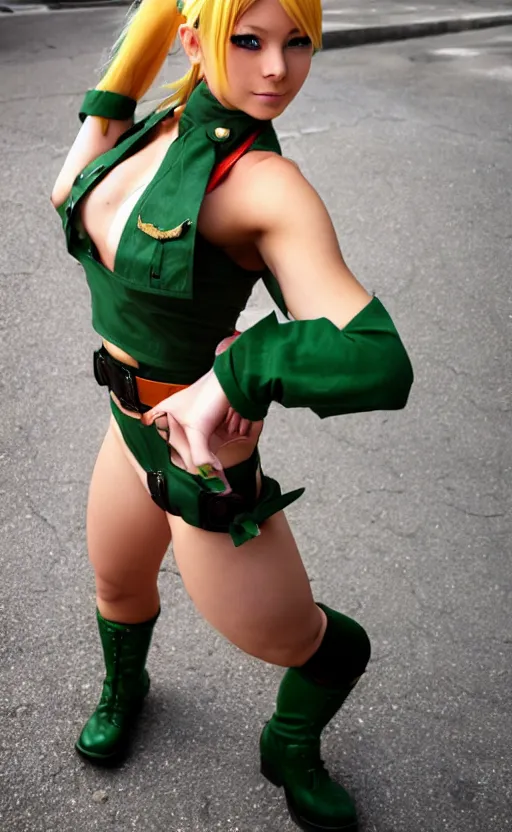 Image similar to cosplaying as cammy from street fighter, professional photo, trending on deviantart