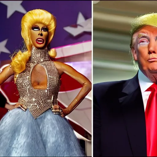 Prompt: donald trump in drag on ru paul's drag race