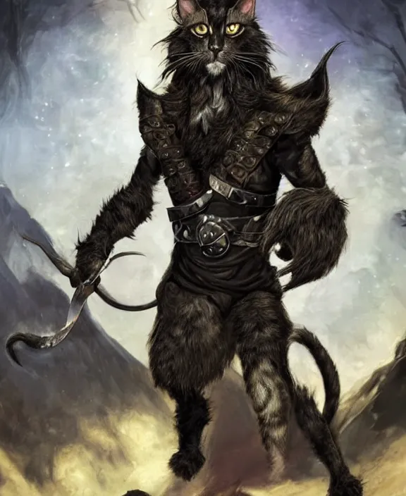 Prompt: humanoid male khajiit rogue, mainecoon cat features with black fur, far - mid shot, wearing leather armor, magic the gathering, fantasy