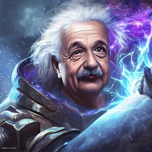 Image similar to Portrait of Albert Einstein as a spellcaster, League of Legends amazing splashscreen artwork, Gears of War, splash art,natural light, elegant, photorealistic facial features, intricate, fantasy, detailed face, atmospheric lighting, anamorphic lens flare, cinematic lighting, league of legends splash art, hd wallpaper, ultra high details by Greg rutkowski