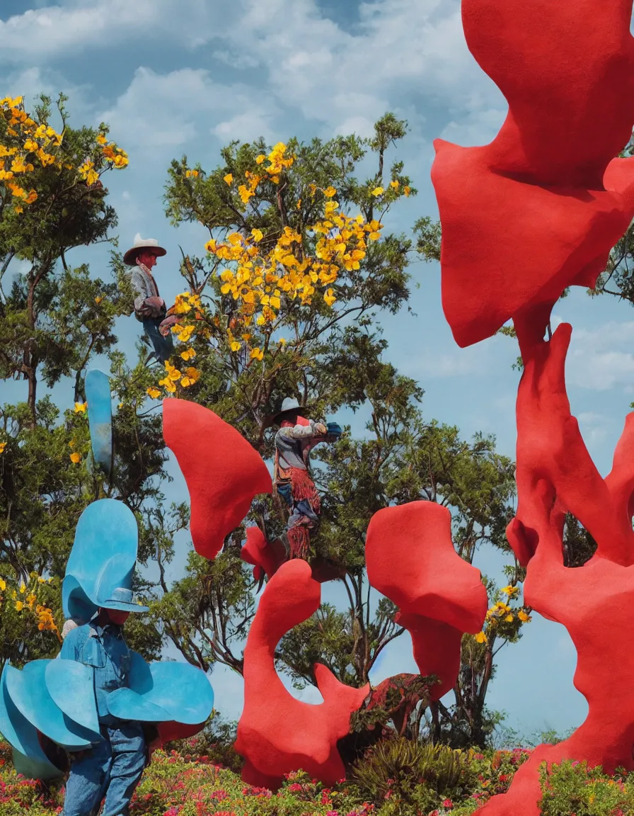 Image similar to a cowboy turning into blooms by slim aarons, by zhang kechun, by lynda benglis. tropical sea slugs, angular sharp tractor tires. complementary bold colors. warm soft volumetric dramatic light. national geographic. 8 k, rendered in octane, smooth gradients. angular sculpture by michelangelo.