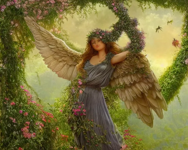 Prompt: a majestic winged male garden angel with a mossy beard, he is covered in vines and flowers standing in front of a beautiful cottage, a painting by thomas canty and thomas kincade and ross tran, art nouveau, atmospheric lighting, trending on artstation