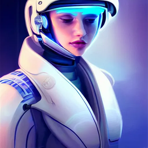 Image similar to portrait futuristic beautiful northern europe Airforce armored pilot Girl, blonde hair, blue eyes, at inside of future fighter aircraft, ssci-fi, fantasy, intricate, very very beautiful, elegant, human anatomy, neon light, highly detailed, digital painting, artstation, concept art, soft light, smooth, sharp focus, illustration, art by tian zi and WLOP and alphonse mucha