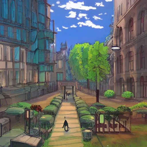 Image similar to Jussieu campus (Sorbonne Université) in the style of studio ghibli, beautiful landscape, intense lighting, 8k, trending on artstation