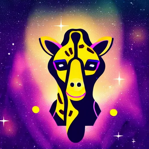 Image similar to A serious-looking giraffe wearing a space-suit, the background is inspired by two colliding galaxies, e-sports logo vector