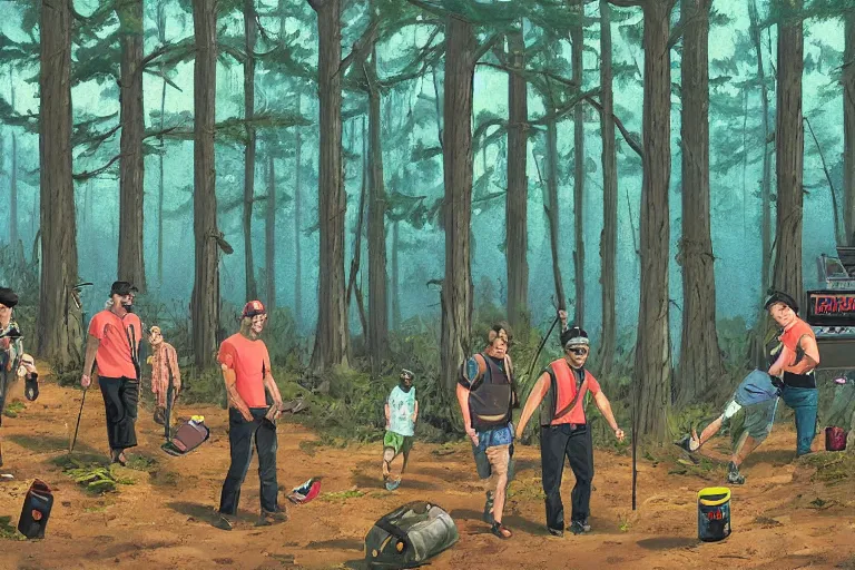 Prompt: mid - thirties guys binge drinking and hiking in a forest, in the style of simon stalenhag