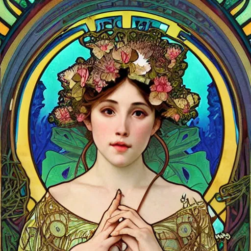 Prompt: realistic detailed face portrait of a beautiful young queen of lotus flowers in a water garden by Alphonse Mucha, Greg Hildebrandt, and Mark Brooks, gilded details, spirals, Neo-Gothic, gothic, Art Nouveau, ornate medieval religious icon