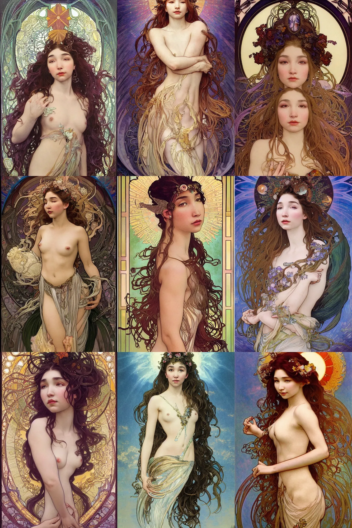 Prompt: stunning, breathtaking, awe-inspiring award-winning realistic concept art face portrait of mermaid Rowan Blanchard as a goddess of the sun, by Alphonse Mucha, Ayami Kojima, Amano, Charlie Bowater, Karol Bak, Greg Hildebrandt, Jean Delville, and Mark Brooks, Art Nouveau, Neo-Gothic, gothic, rich deep colors, cyberpunk, extremely moody lighting, glowing light and shadow, atmospheric, shadowy, cinematic, 8K