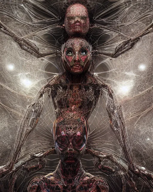 Image similar to timeless spiderwoman deity with circuitry skin and networked mind tripping on acid, intricate detail, royo, whealan, giger, klimt, hd, octane render, unreal engine,