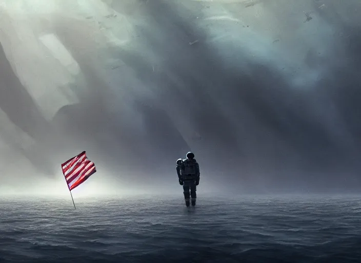 Image similar to astronaut holding a flag in an underwater desert. a submarine is visible in the distance. dark, concept art, cinematic, dramatic, atmospheric, 8 k, trending on artstation, blue, fish, low visibility, fog, ocean floor, christopher nolan, interstellar