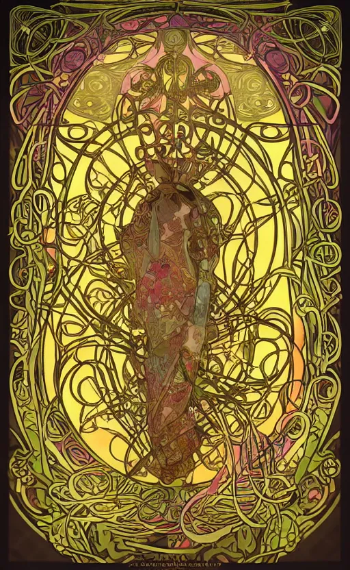 Image similar to code : art nouveau, alphonse mucha, glowing, runes, neon, pastel, floral print pattern, epic, 3 ds max + v - ray, deep depth of field, elegant, dark background, symmetrical, extremely detailed