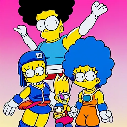 Image similar to marge simpson and her new family from dragon ball z drawn by akira toriyama