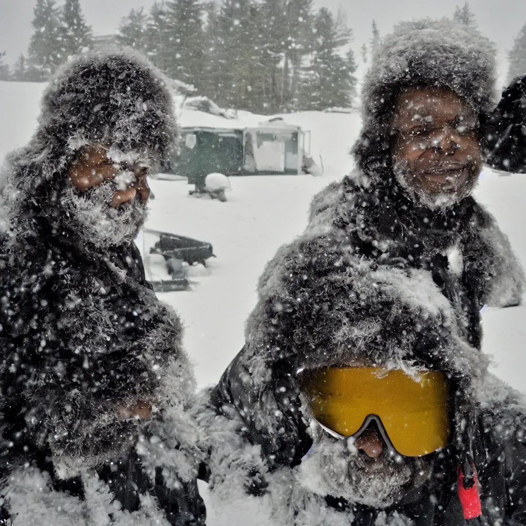 Image similar to photo, old black man wandering in the snow, moncler jacket, ski goggles, wild unkempt hair, mischevious grin, portrait, cold color temperature, snow storm. hazy atmosphere. humidity haze. kodak ektachrome, greenish expired film, award winning, low contrast