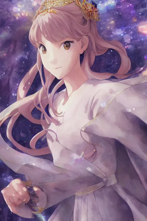 Image similar to beautiful female mage royalty, digital art, 8k, character, realistic, portrait, photorealism, japan watercolour, masterpiece art, manga and anime, official Kyoto Animation and Studio Ghibli anime screenshot, by Range Murata and Makoto Shinkai