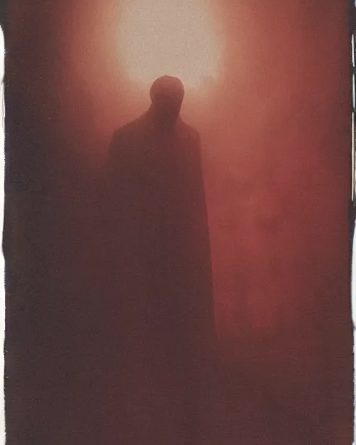 Prompt: an instant photo of a handsome but sinister ghost of a man in layers of fear, with violence in his eyes, 1 9 7 0 s, seventies, woodlands, delicate embellishments, a little blood, crimson, painterly, offset printing technique, by alexandre cabanel, volumetric lightning, moorlands behind him
