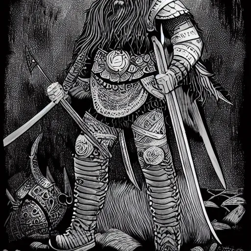 Image similar to a viking warrior illustration, 4k detailed, black ink on white paper, dark fantasy, white space in middle