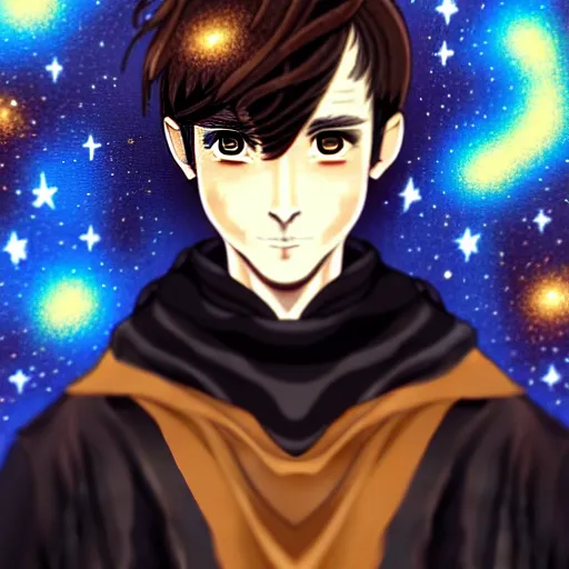 Image similar to a man with with brown hair, eyes with stars and galaxies in his eyes, wearing a black robe with the tips made of gold, anime, trending on artstation, high quality