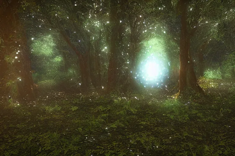 Image similar to A cosmic portal inside an enchanted forest. Cinematic lighting. Photorealism.